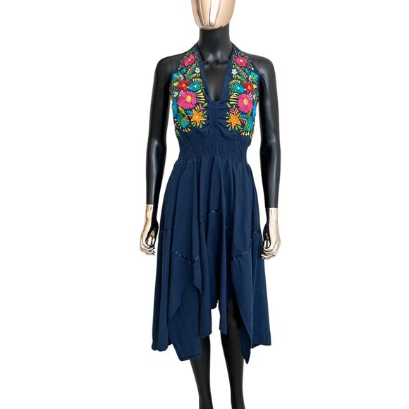 Handmade Navy Embroidered Halter Dress Boho Sharkbite Hem Festival Dress Small - Picture 3 of 10